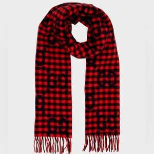 Gucci Red & Navy Blue Plaid Checkered GG Logo Extra Large Wool Scarf